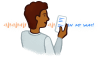 Illustration of a person talking into a mobile device with transcription text behind them
